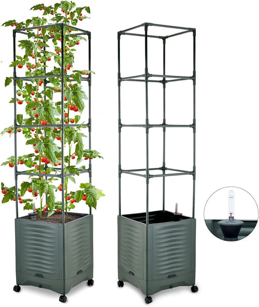 Self-Watering Tomato Planter With Wheels Metal Trellis And Water Indicator
