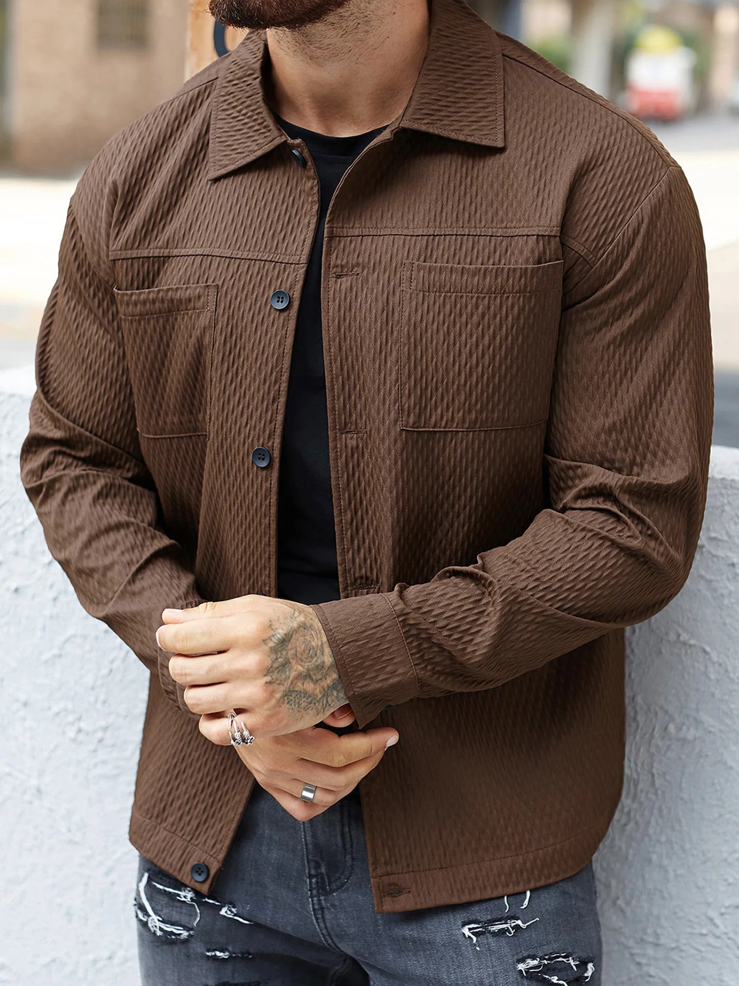 Mens Casual Shirt Jacket Long Sleeve Button Up Top Outerwear