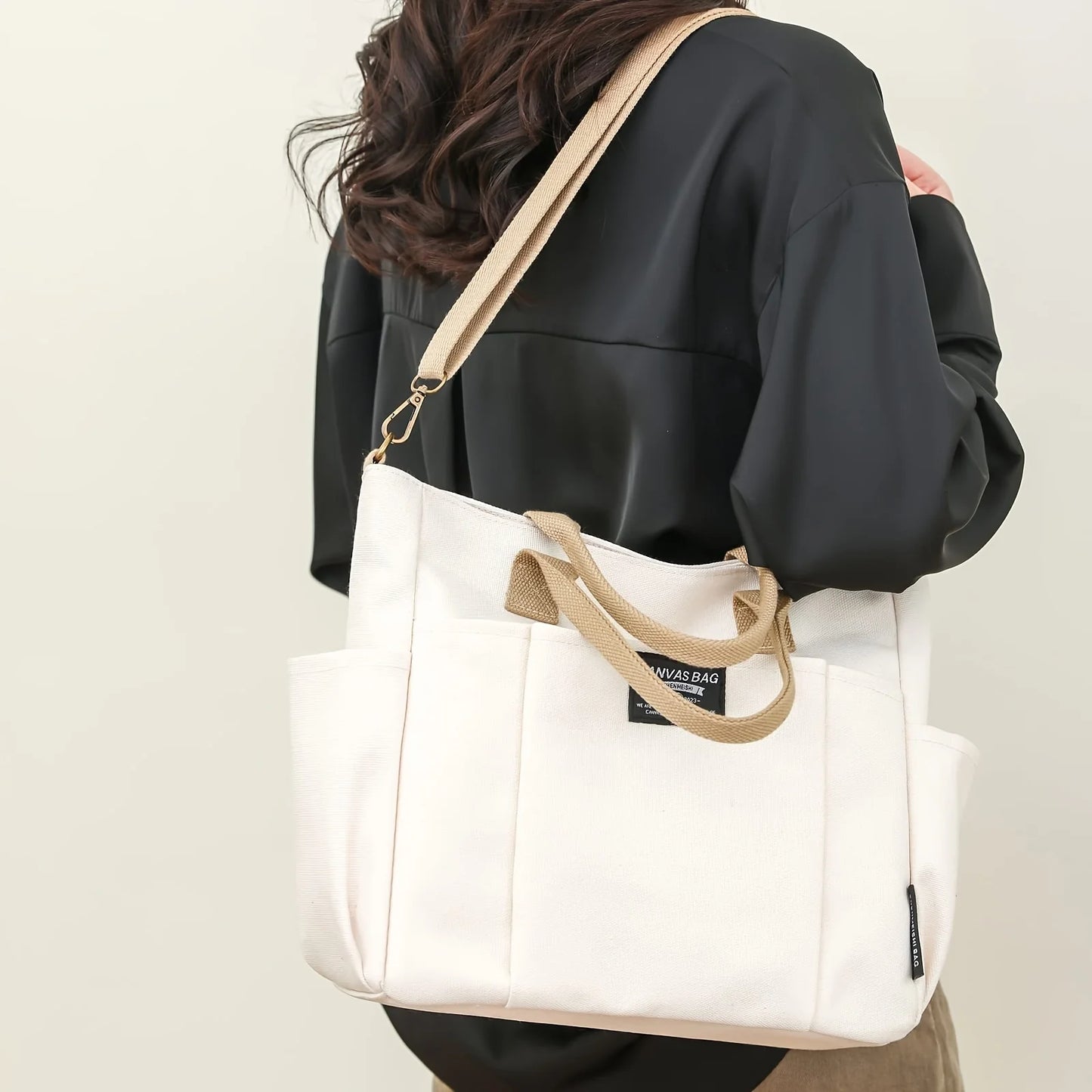 Womens Multi Pocket Nylon Tote Bag With Crossbody Function