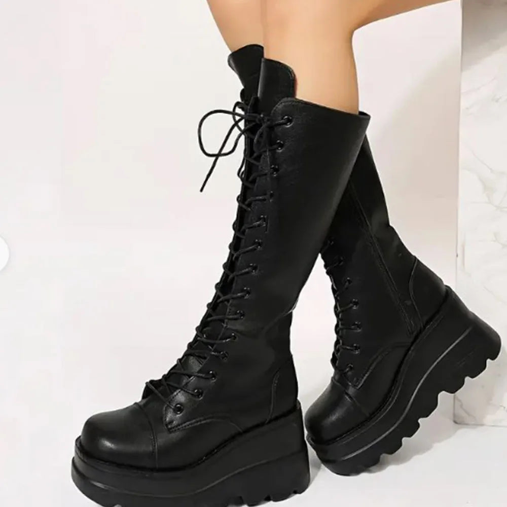 DoraTasia Gothic Mid Calf Boots With Side Zip Lace