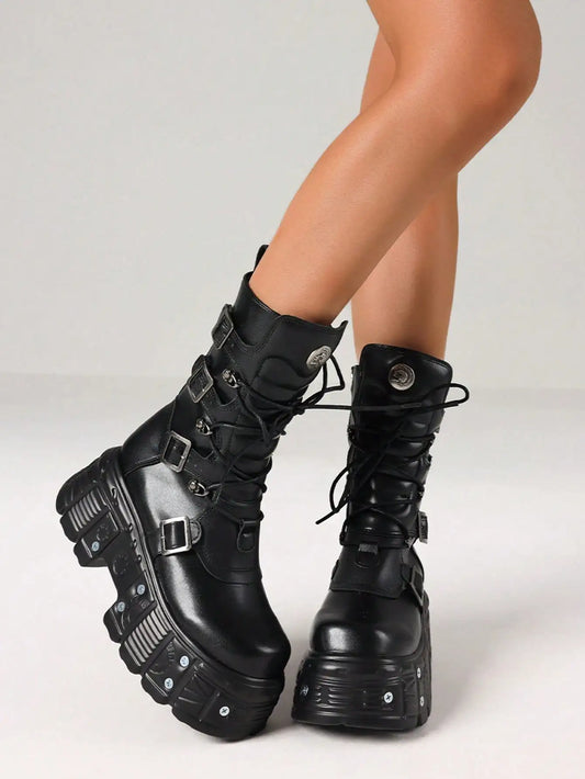 Womens Gothic Platform Combat Boots With Chunky Heels Zip Buckle