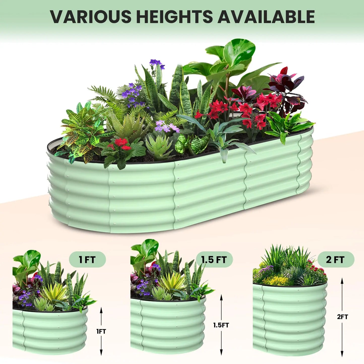 HiMISS Galvanized Steel Raised Garden Bed Set Oval Open Base