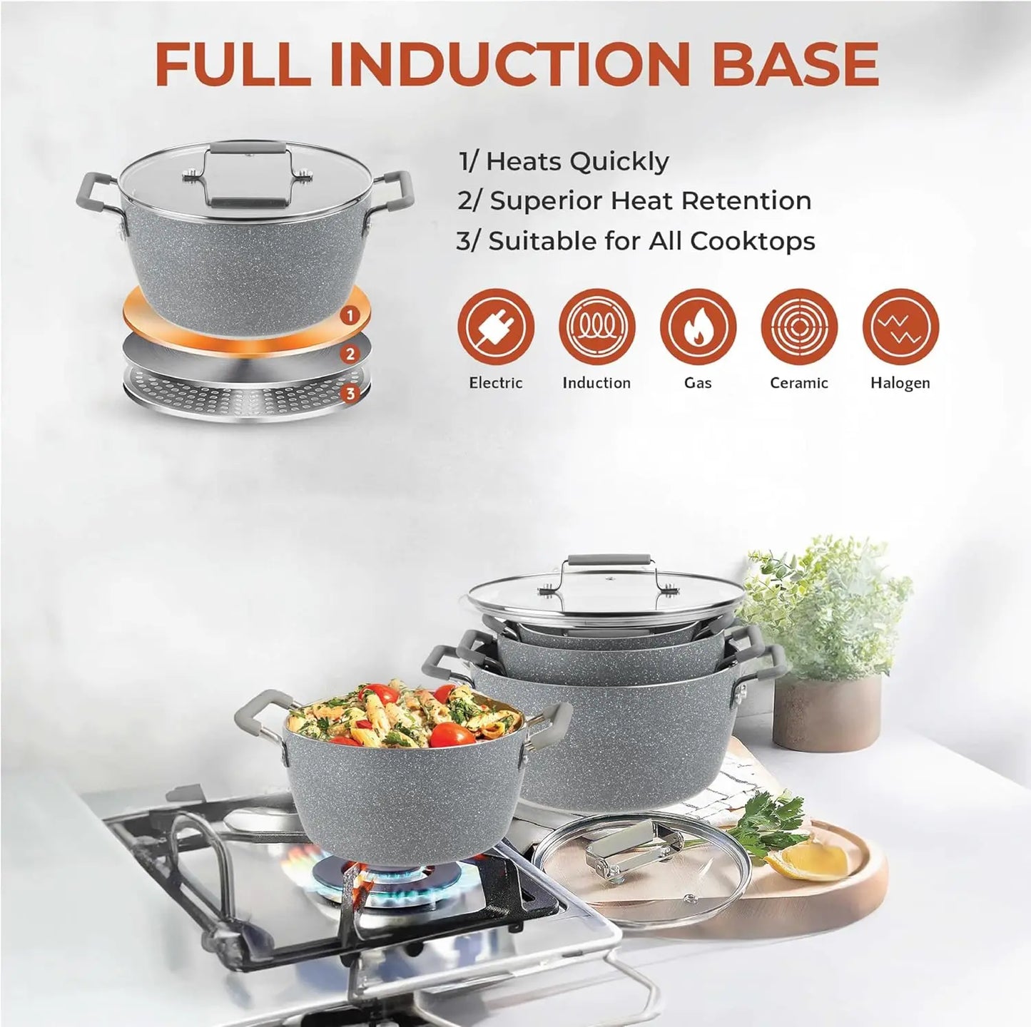 Nonstick Stackable Pots Set With Lids Space Saving Granite Coating