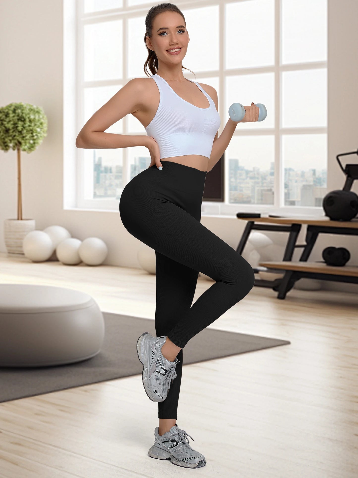 High-Waisted Seamless Yoga Pants With V-Back Ribbed Quick-Dry Leggings