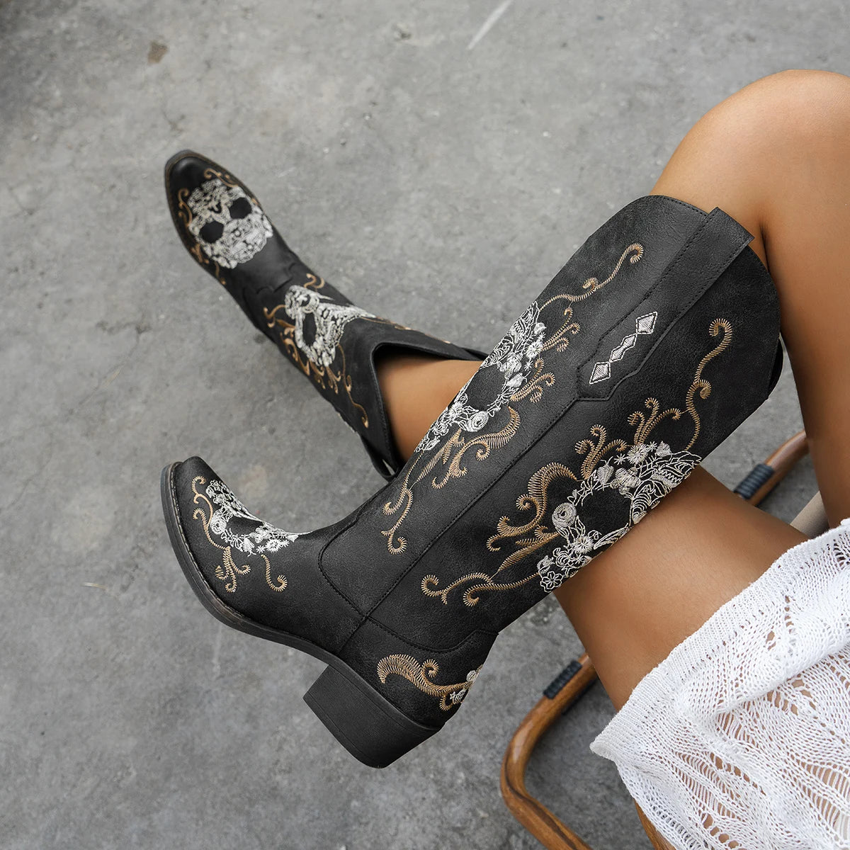 Embroidered Skull Cowboy Boots Western Style Women Slip On