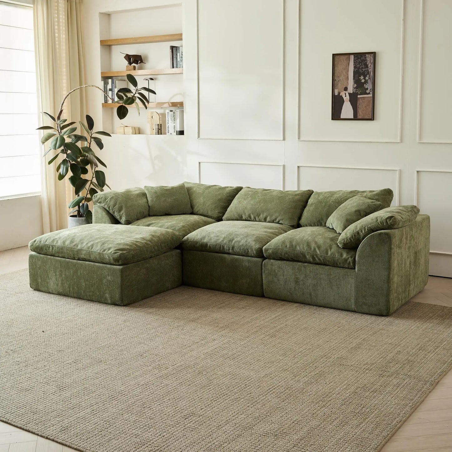 Yeflixvrau Modern Cloud L-Shaped 3-Seater Chenille Sofa With Ottoman
