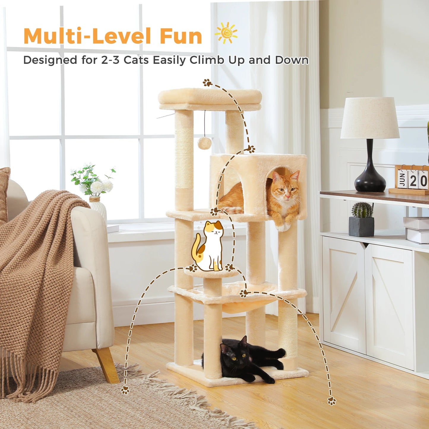 PAWZ Road Multi-Level Cat Tree With Sisal Posts And Hammock