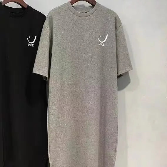 Summer Smiley Side Slit T Shirt Dress For Women Casual