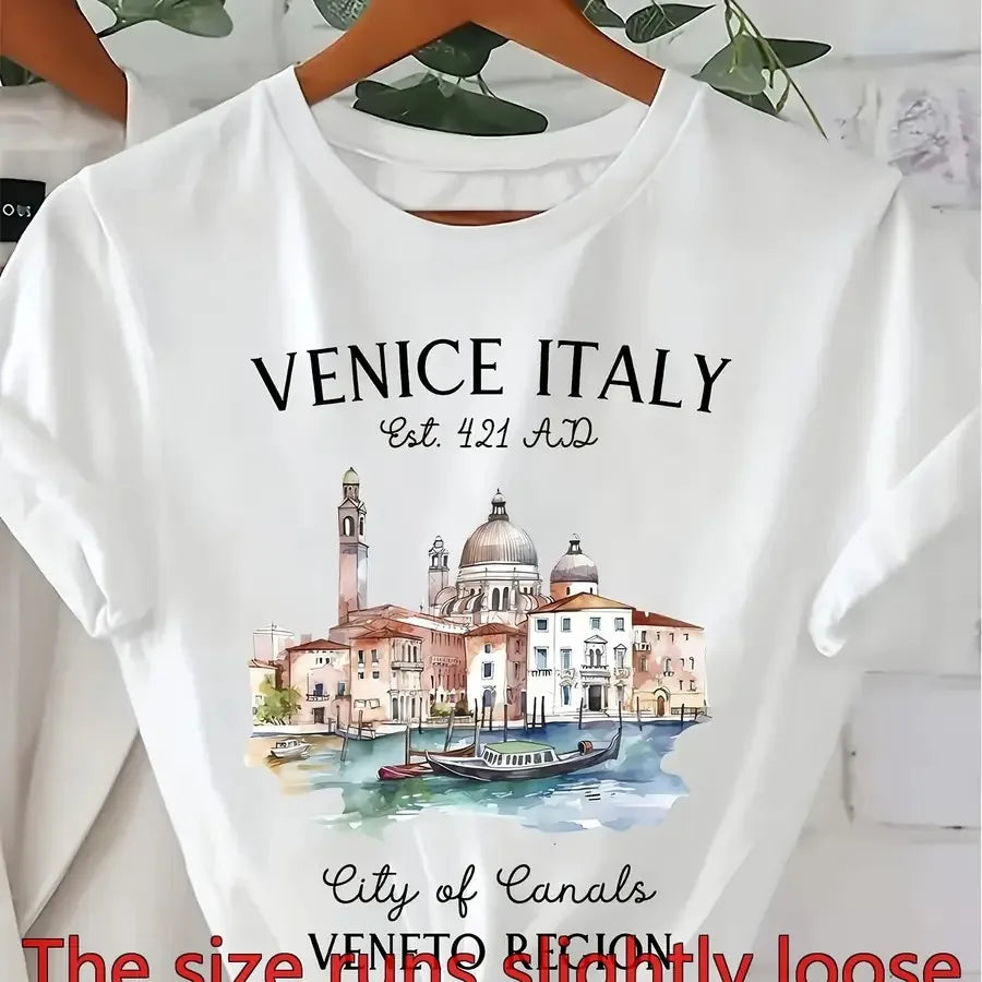 Women Cotton Tee With Venice Canals Print For Spring