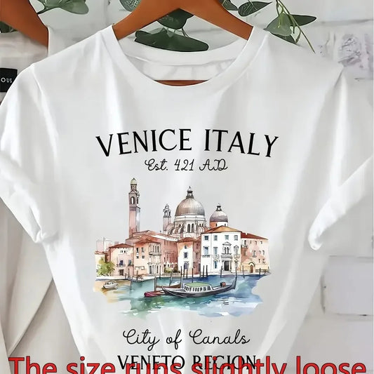Women Cotton Tee With Venice Canals Print For Spring