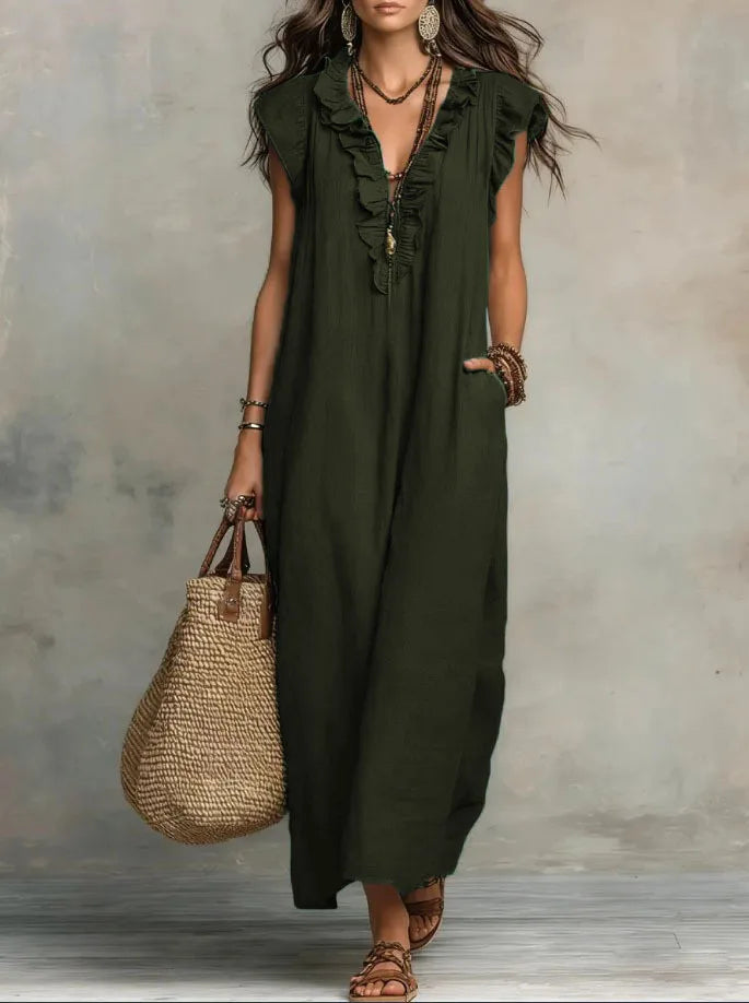 Women's Retro Bohemian Linen Maxi Dress With Ruffle V-Neck