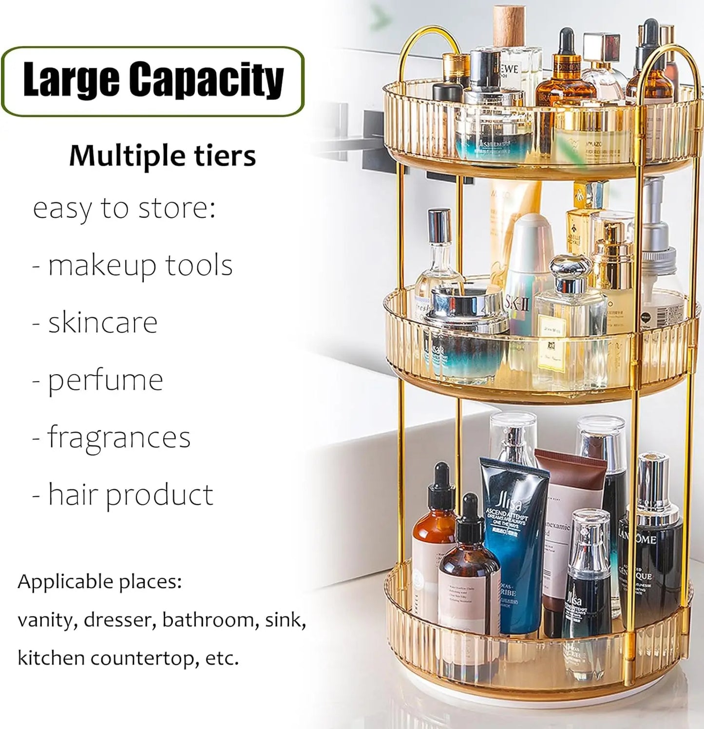 Rotating Makeup Organizer Vanity 3 Tier High Capacity Cosmetic Storage