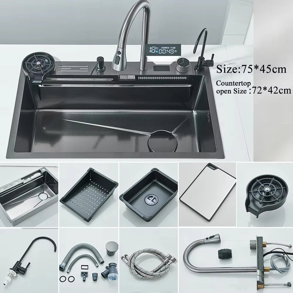 MYQualife 304 Stainless Steel Waterfall Kitchen Sink Faucet Set