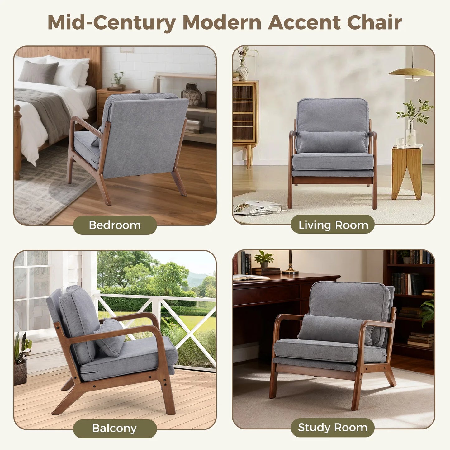 JHK Mid Century Modern Wood Chair With Armrests And Cushion
