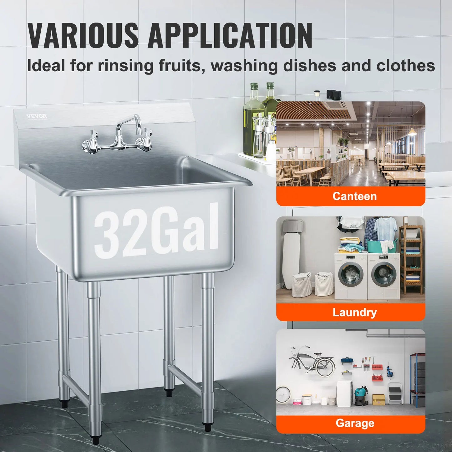 Stainless Steel Kitchen Prep Utility Sink With Faucet For Restaurant