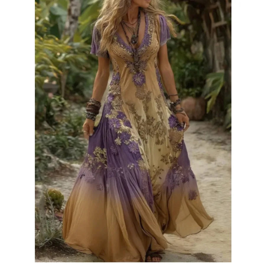 Spring European Style Loose Slit 3D Printed Dress For Women