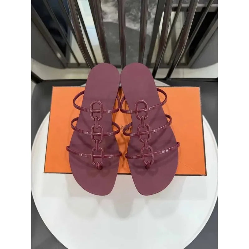 Chain Pig Nose Jelly Women Flat Bottom Slippers Flip Flops