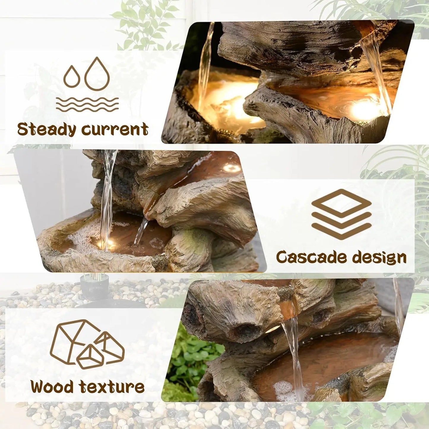Tree Trunk Outdoor Resin Waterfall Fountain With LED Lights