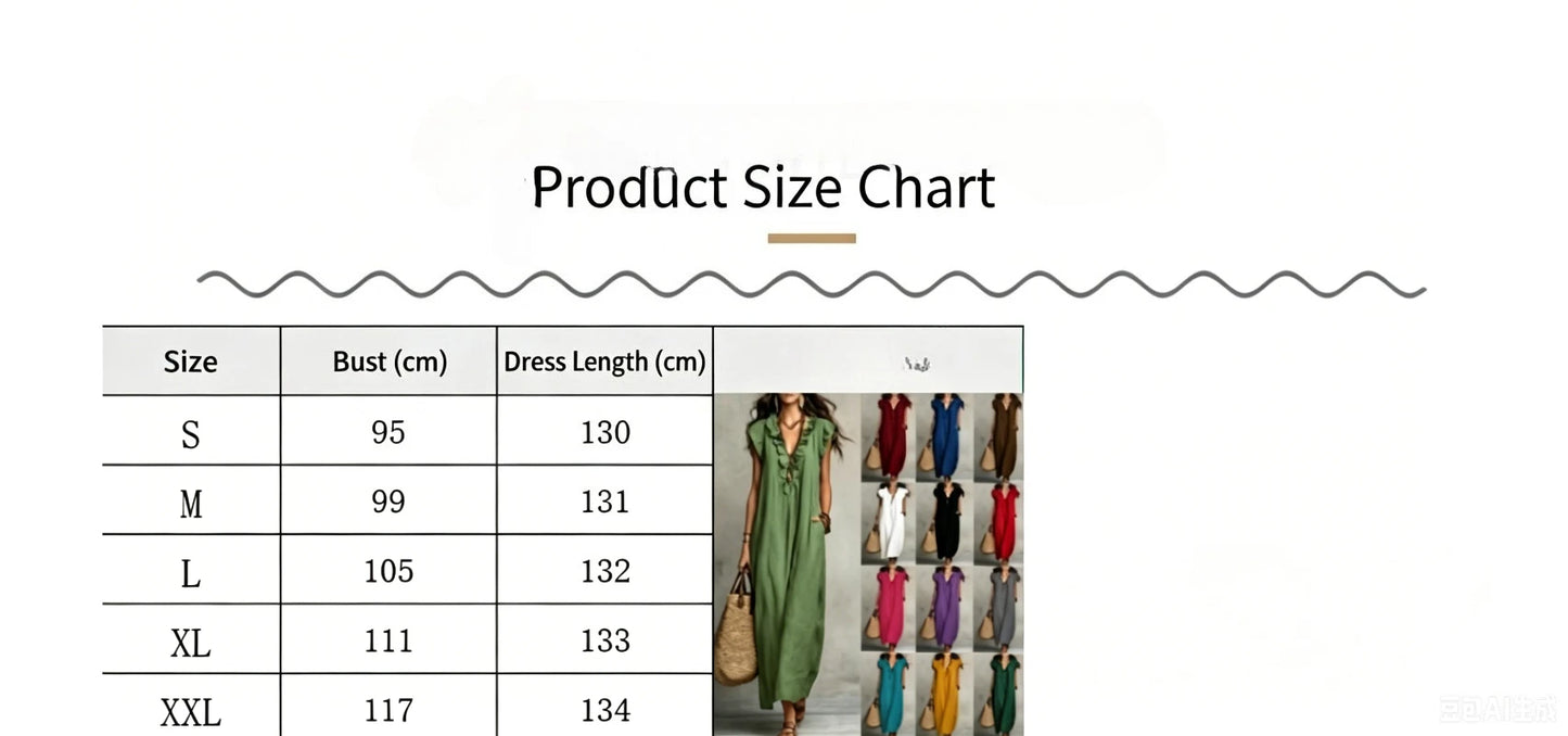 Women's Retro Bohemian Linen Maxi Dress With Ruffle V-Neck