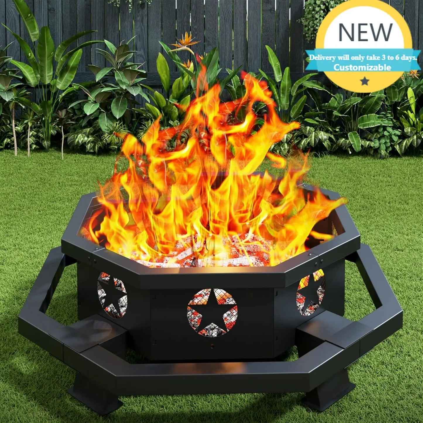 Hexagonal Wood Burning Fire Pit For Outdoor Patio Backyard