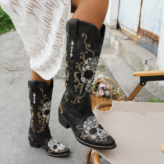 Embroidered Skull Cowboy Boots Western Style Women Slip On