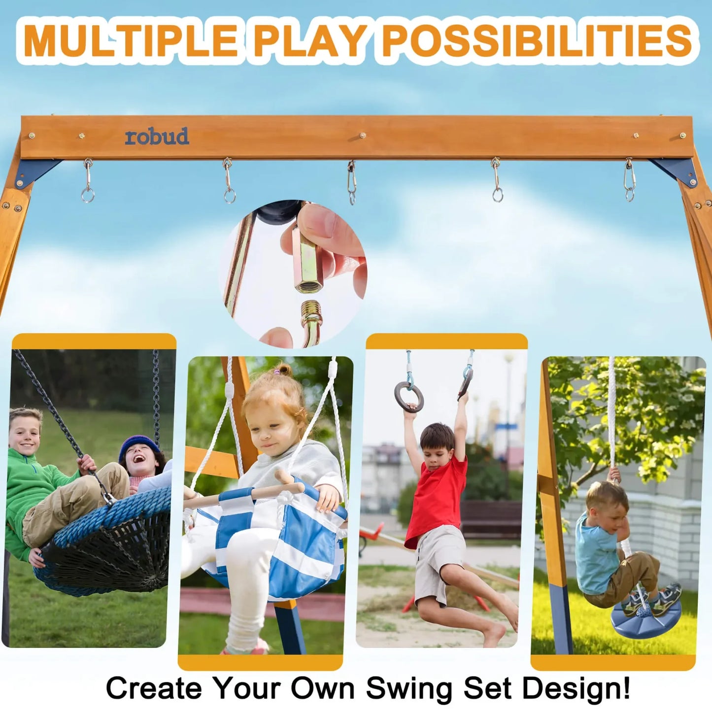 Robotime Robud 3 In 1 Playground Wooden Swing Set With Tree And Toddler Swings