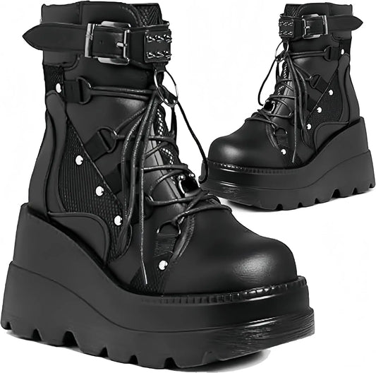 GIGIFOX Women Gothic Wedge Combat Boots Buckle Lace Up Zipper