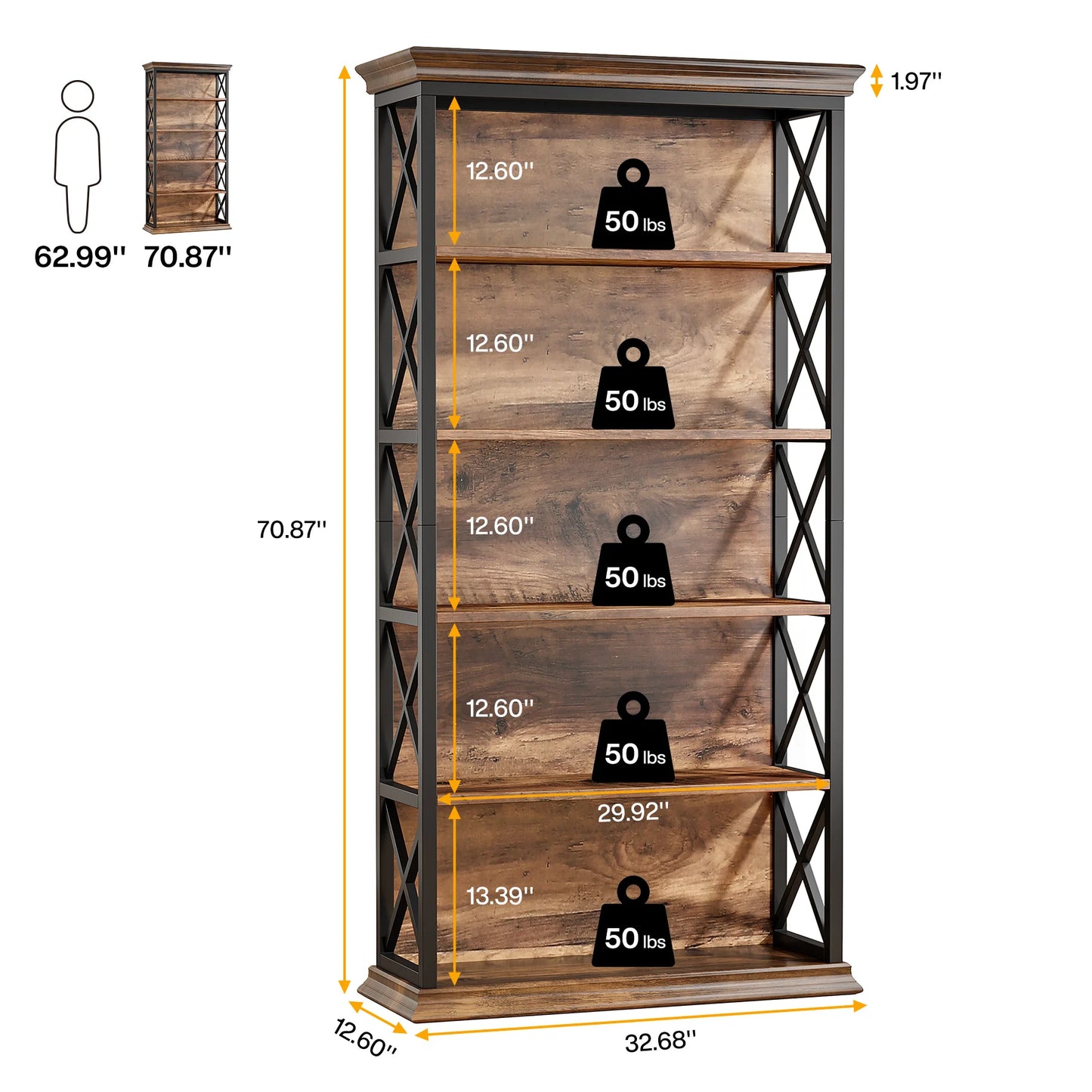 Tribesigns 5 Tier Bookcase Industrial Wood Shelves Floor Standing
