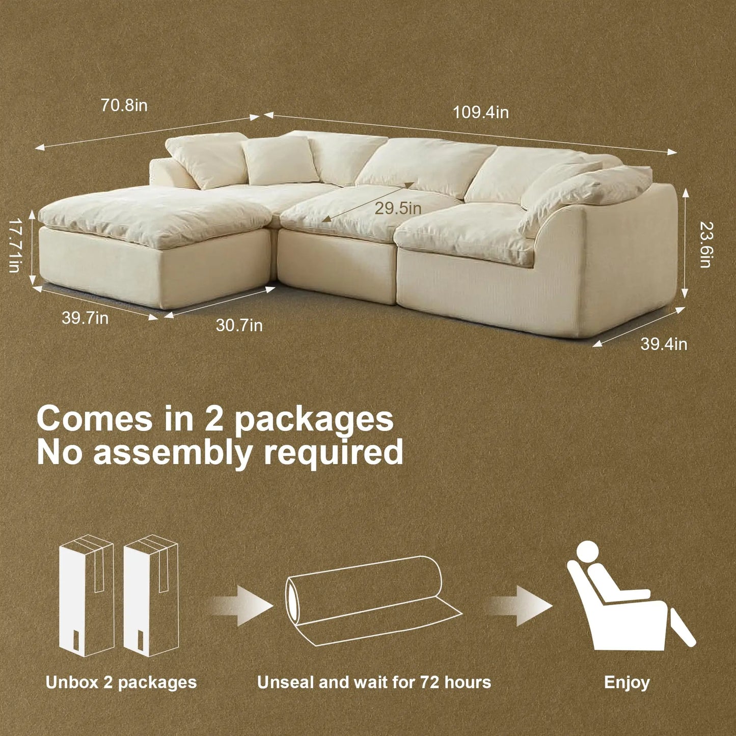 Yeflixvrau Modern Cloud L-Shaped 3-Seater Chenille Sofa With Ottoman
