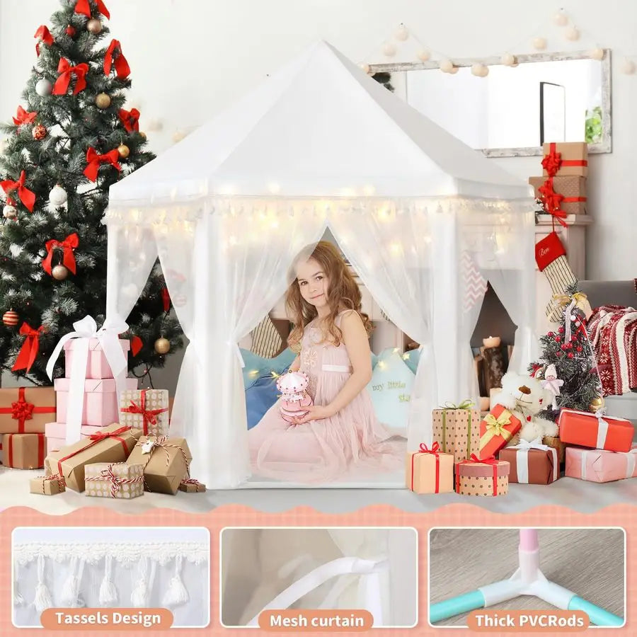 Princess Tent For Girls Playhouse With Tassel Decor Star Lights