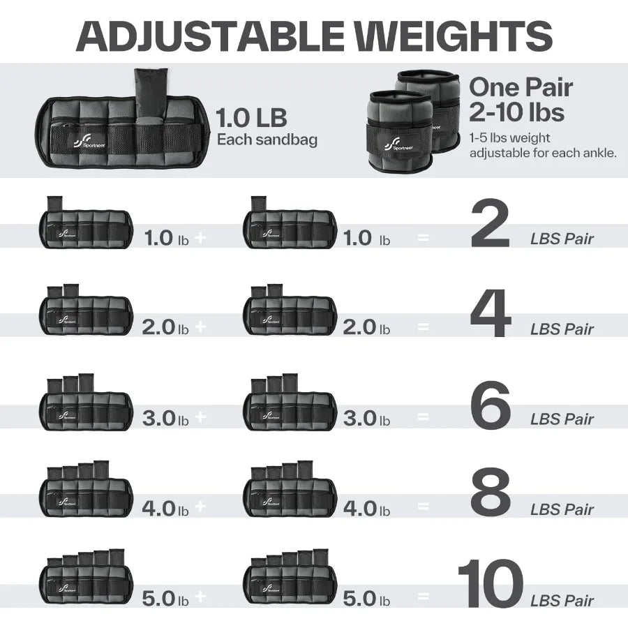 LISM Adjustable Ankle Weights 1 Pair 2 4 6 8 10 Lbs For Gym