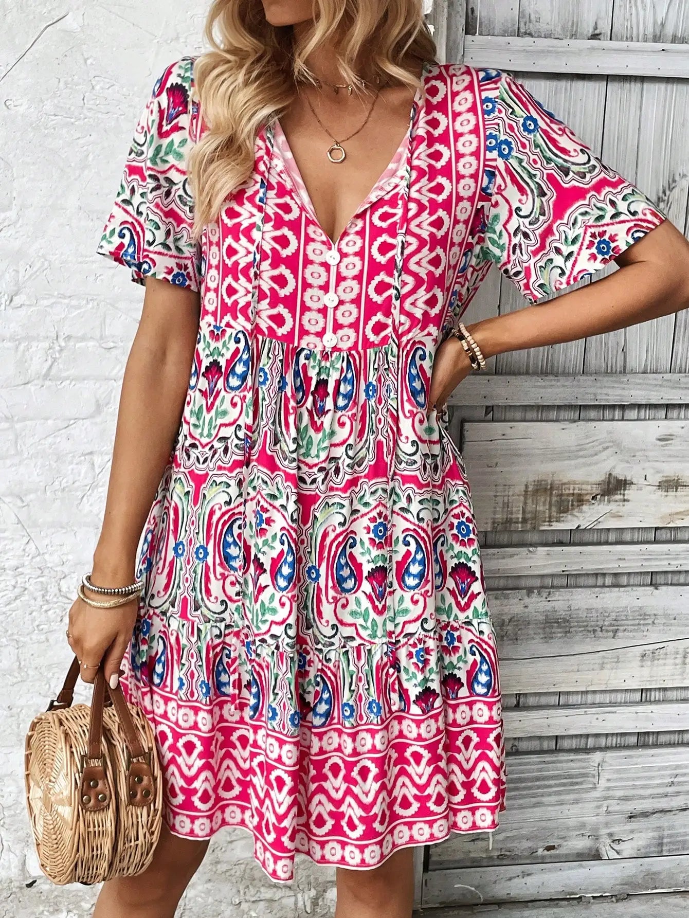 Boho Floral Print V-Neck Short Sleeve Mini Dress With Button