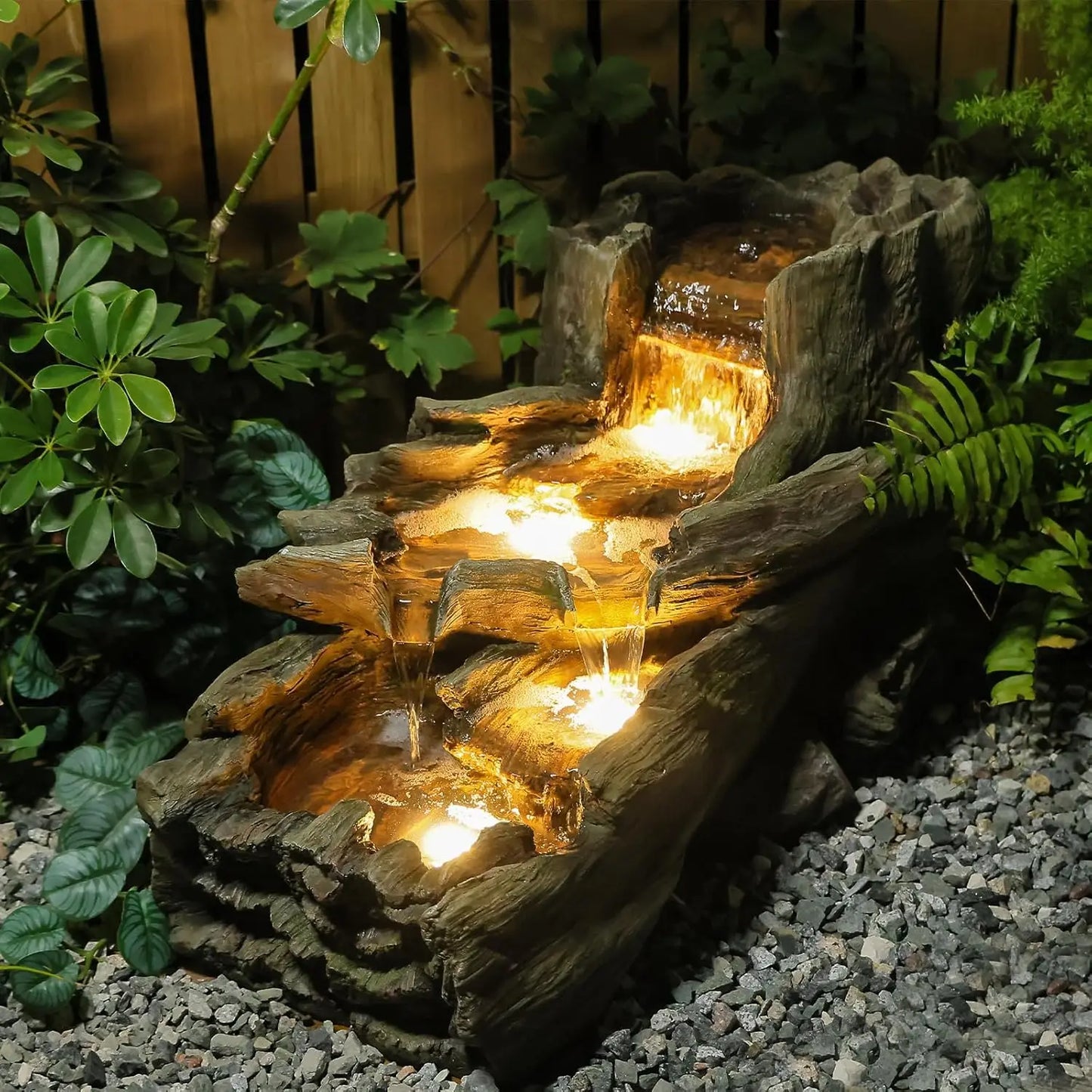 Tree Trunk Outdoor Resin Waterfall Fountain With LED Lights