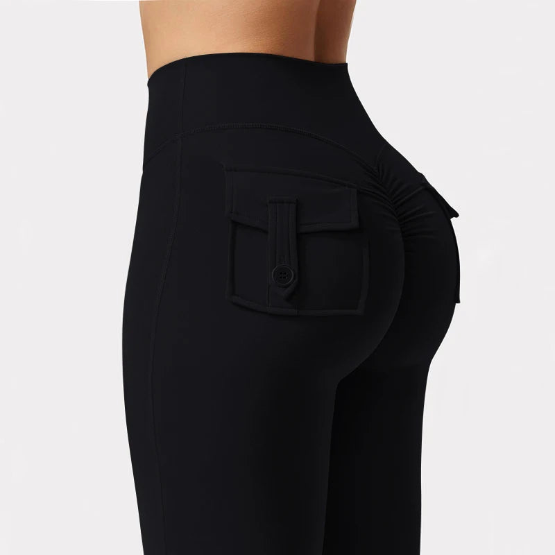 Women's Cargo Pocket Fitness Tights High Waist Yoga Running Pants