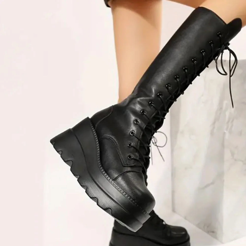 DoraTasia Gothic Mid Calf Boots With Side Zip Lace
