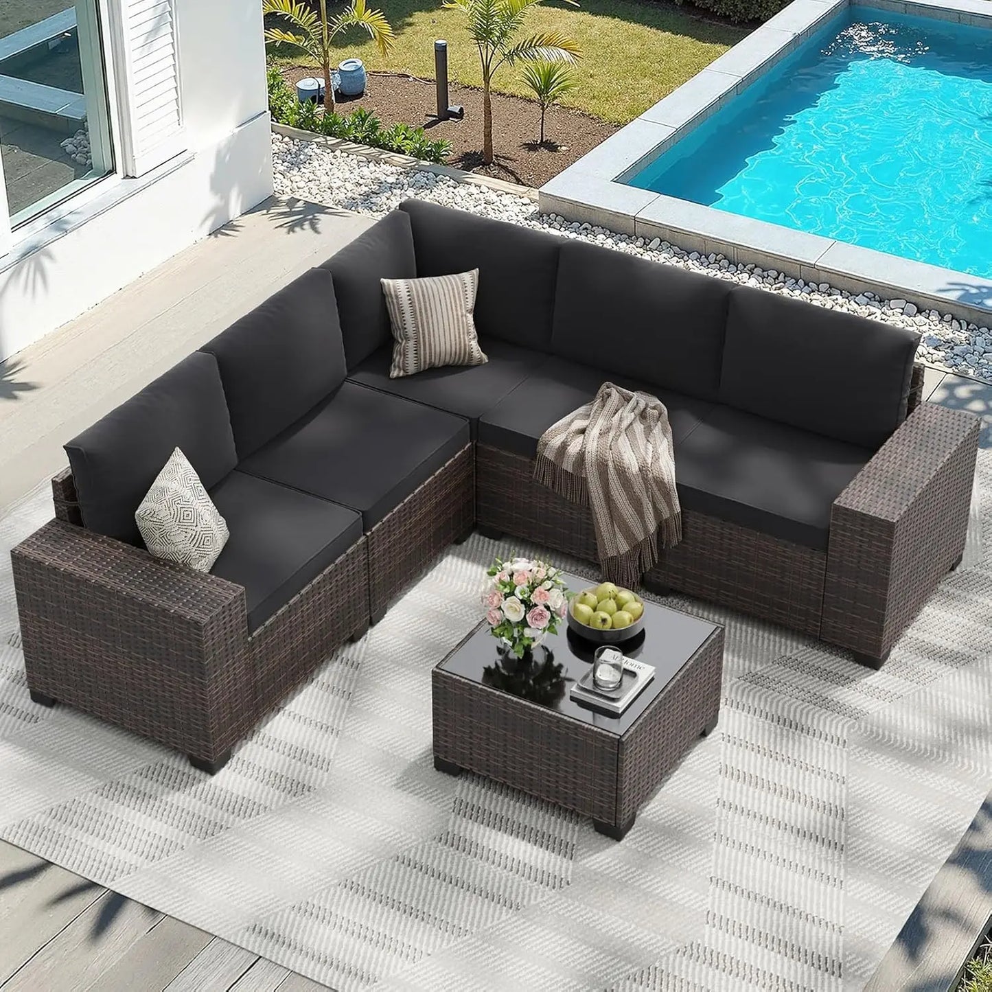 XIAOLANG All Weather Patio Furniture Set Six Piece Wicker Table