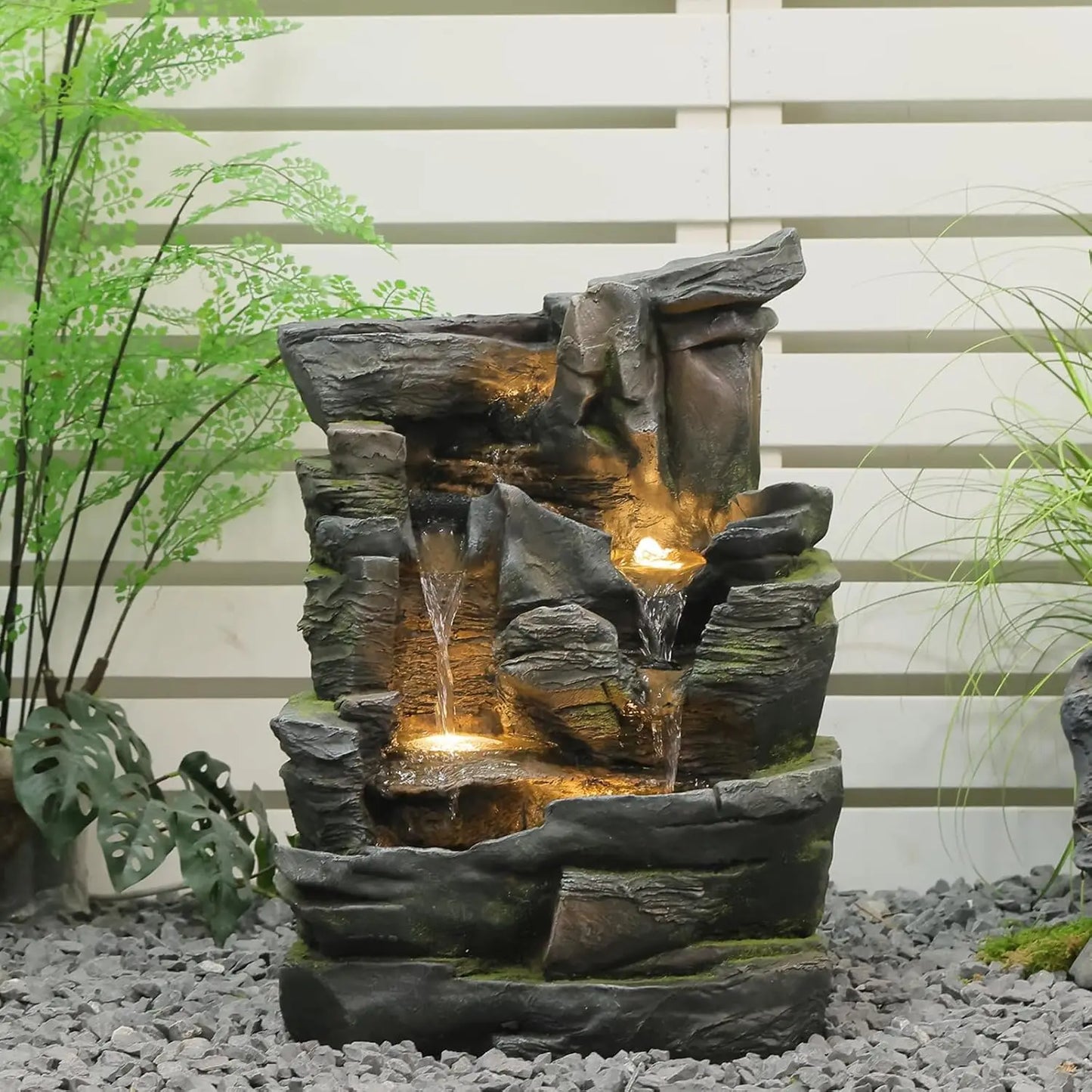 Tree Trunk Outdoor Resin Waterfall Fountain With LED Lights