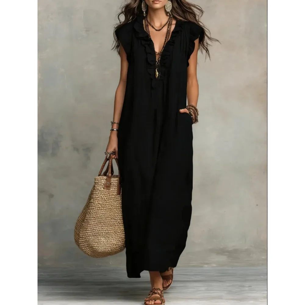 Women's Retro Bohemian Linen Maxi Dress With Ruffle V-Neck