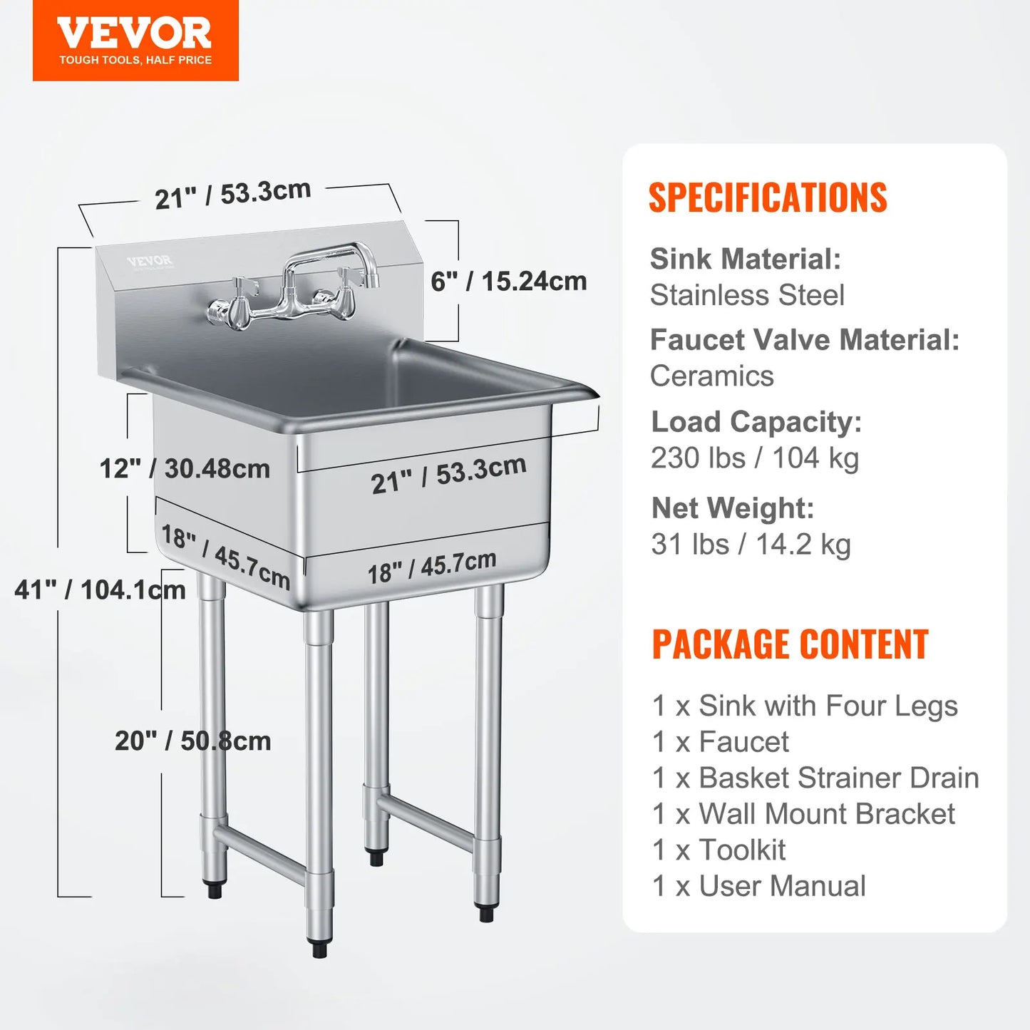 Stainless Steel Kitchen Prep Utility Sink With Faucet For Restaurant