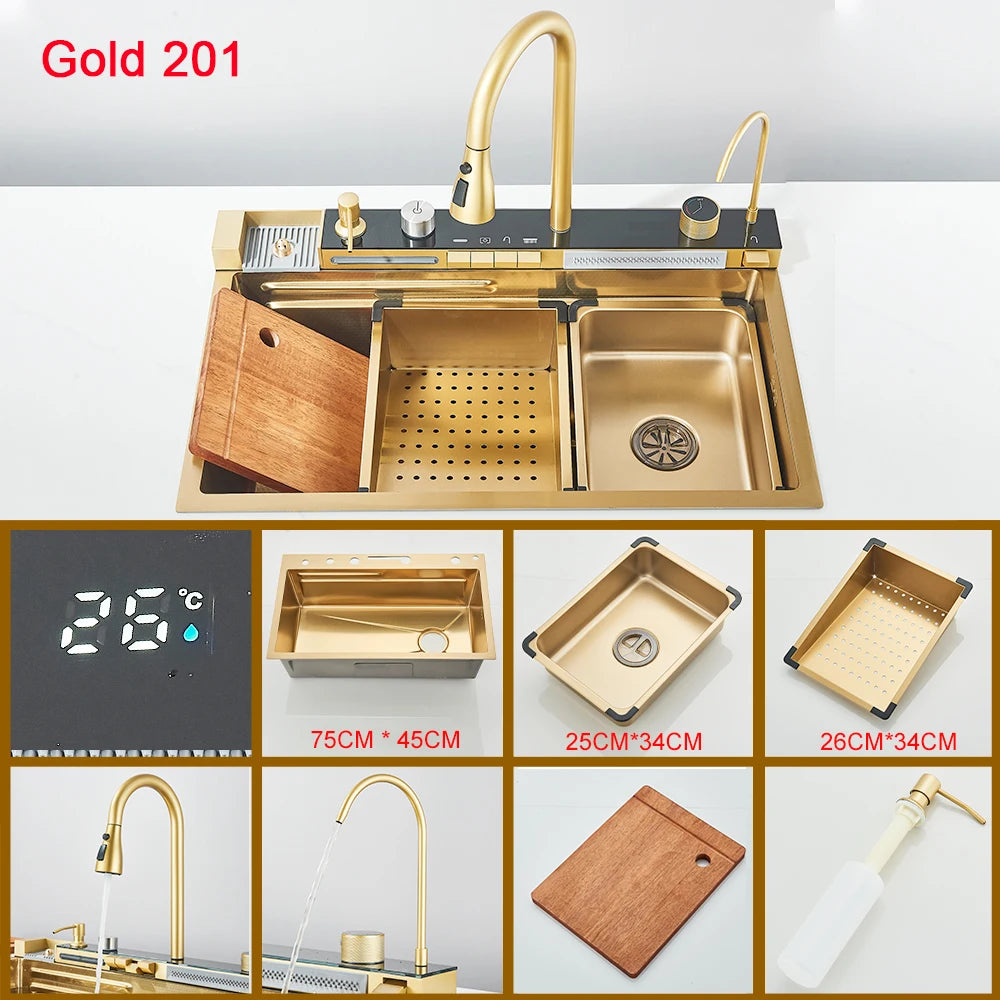 Multifunctional Kitchen Waterfall Sink With Digital Display 304 Stainless Steel