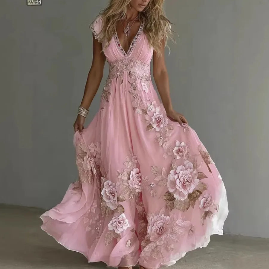 Spring European Style Loose Slit 3D Printed Dress For Women