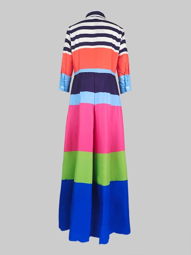 OSHOPLIVE Women Lapel Long Sleeve Striped A-Line Maxi Shirt Dress