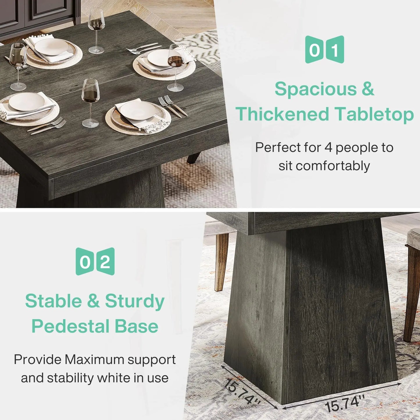 Tribesigns Square Dining Table For 4 Farmhouse Pedestal Base