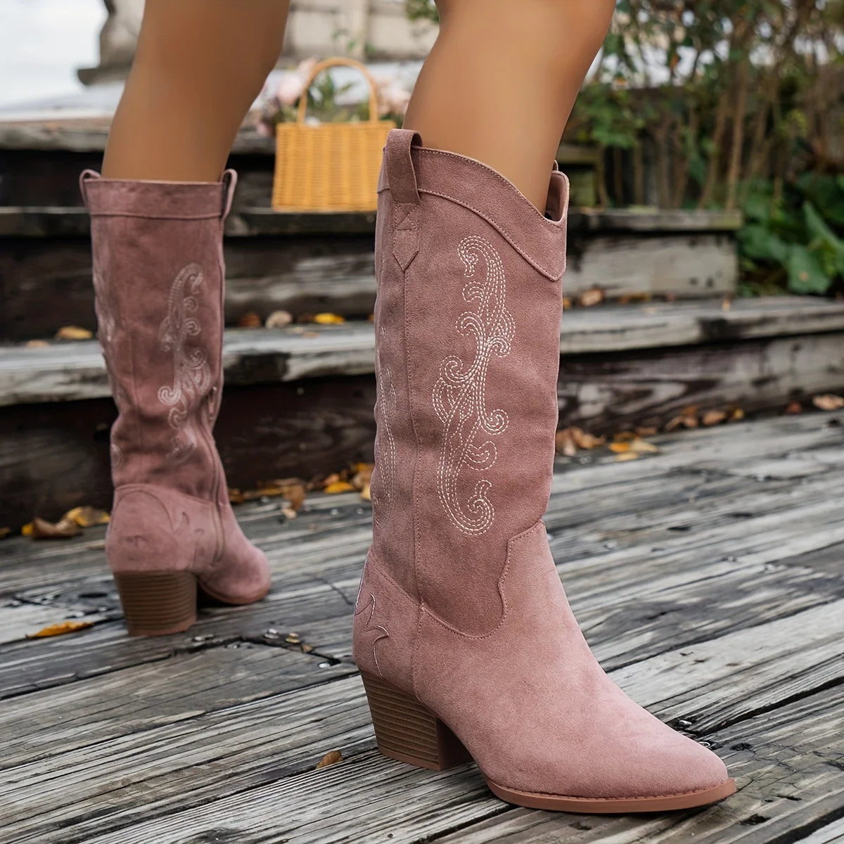 Velvet Knee High Western Embroidered Boots for Women