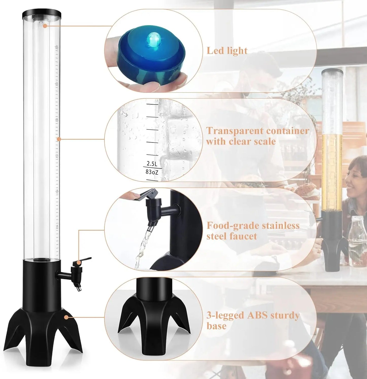 3L Drink Tower Dispenser With Ice Tube And LED Light