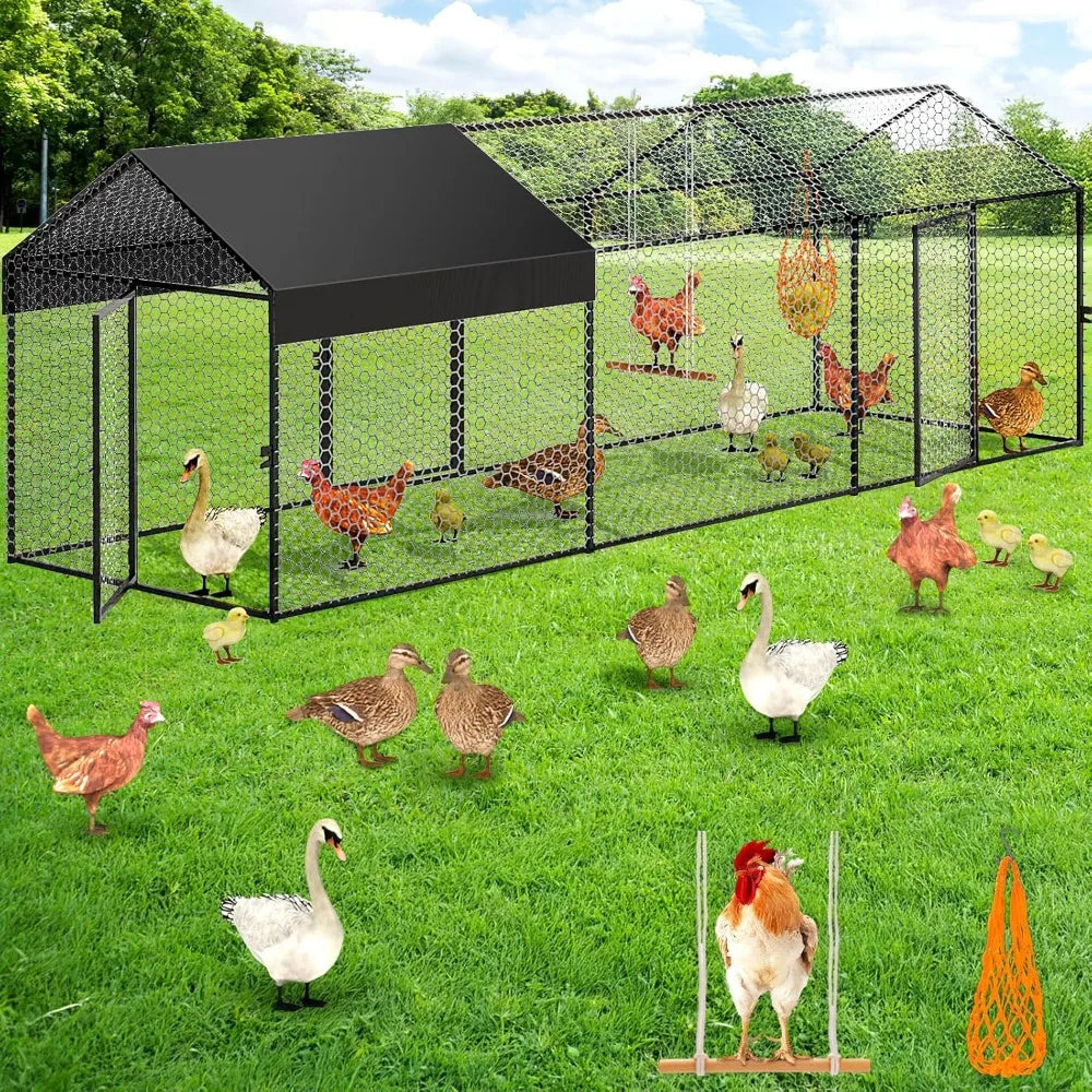 Large Metal Chicken Coop with Cover for Outdoor Hen House