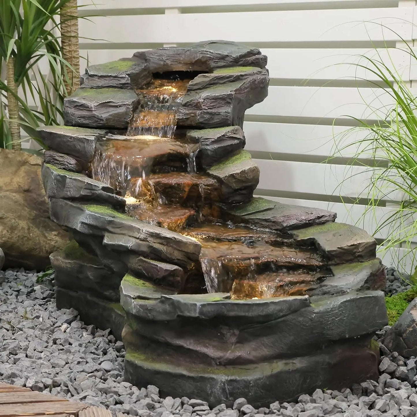Tree Trunk Outdoor Resin Waterfall Fountain With LED Lights