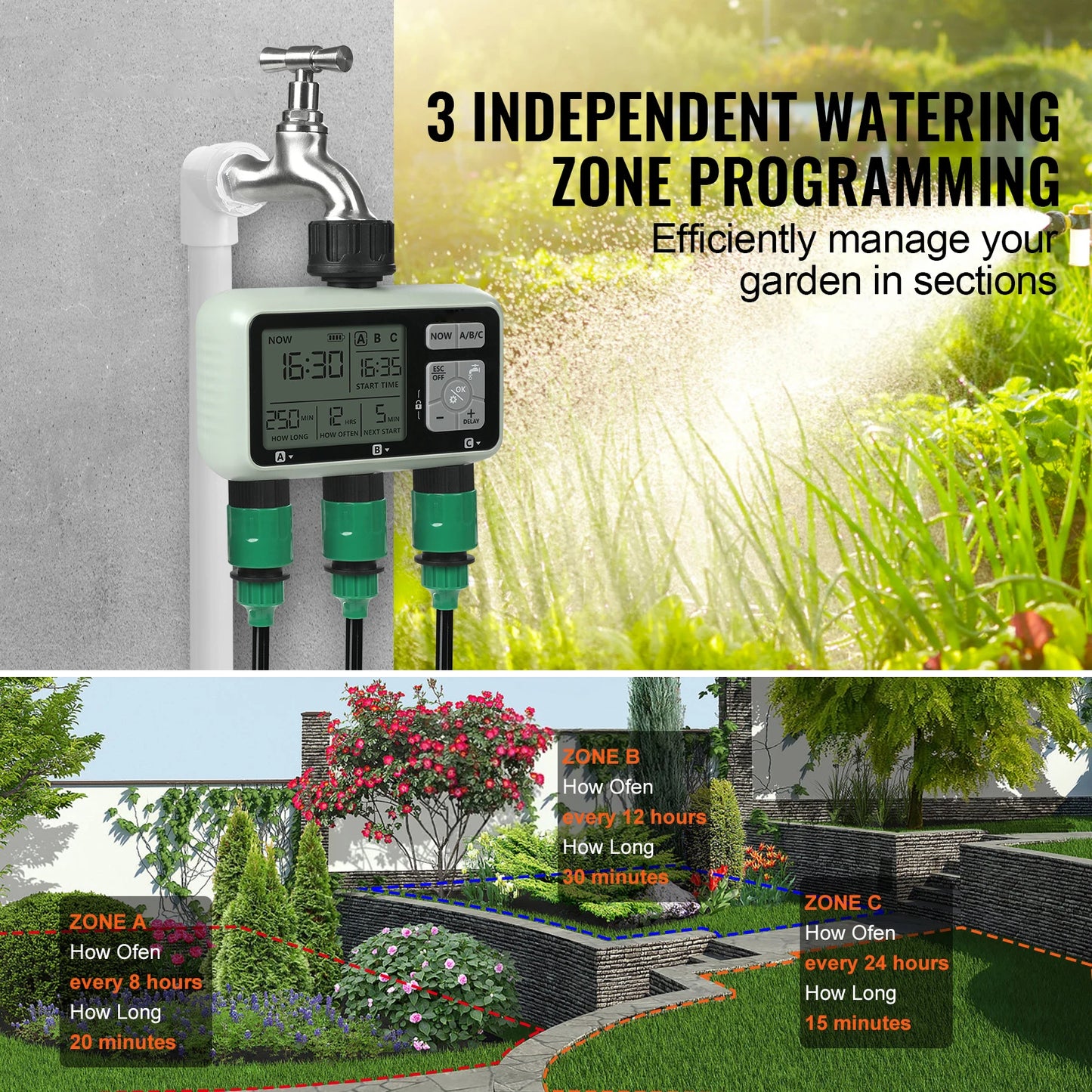 SucceBuy 3 Outlet Water Timer With Independent Zones LCD Display