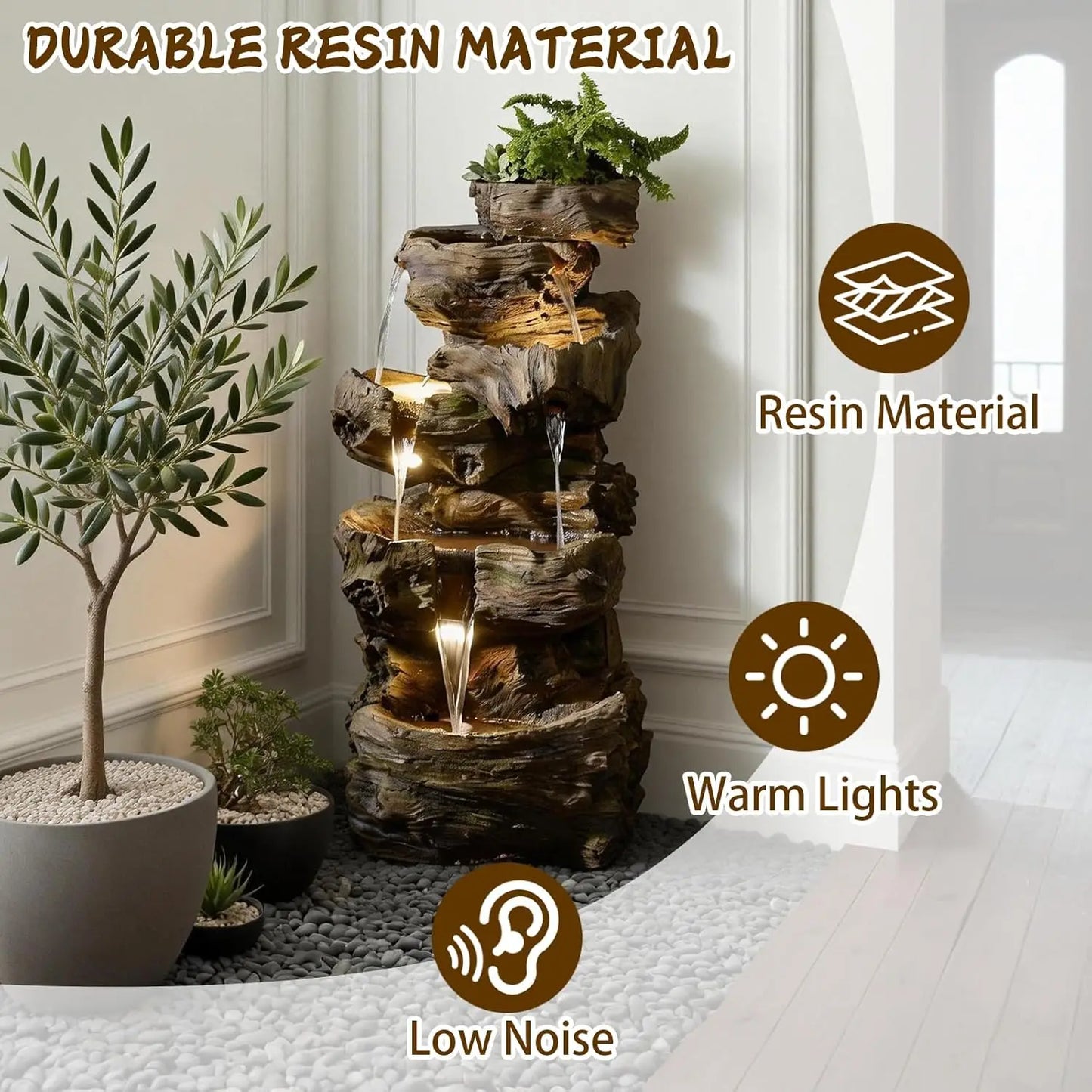 Tree Trunk Outdoor Resin Waterfall Fountain With LED Lights