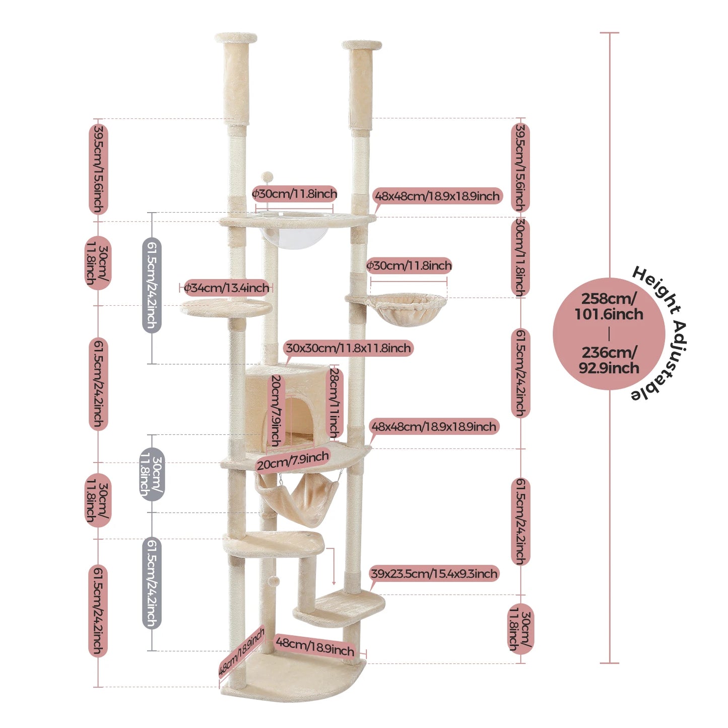 PEQULTI Cat Tree Tower With Acrylic Perch Hammocks Five Tiers Indoor Cats